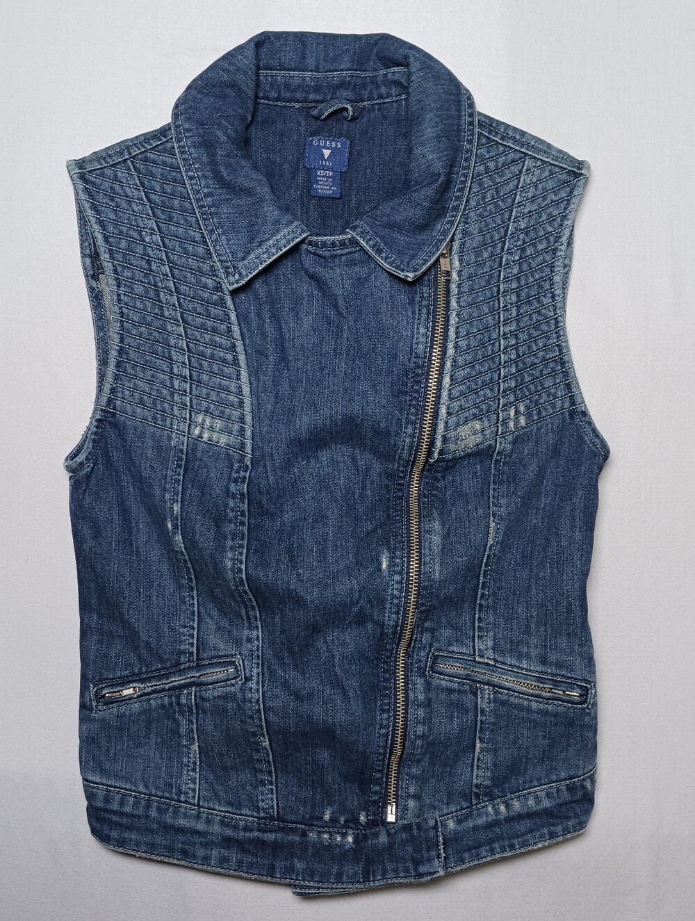 Vintage Guess Womens Asymmetrical Stitched Moto Denim Vest XS Dark Wash